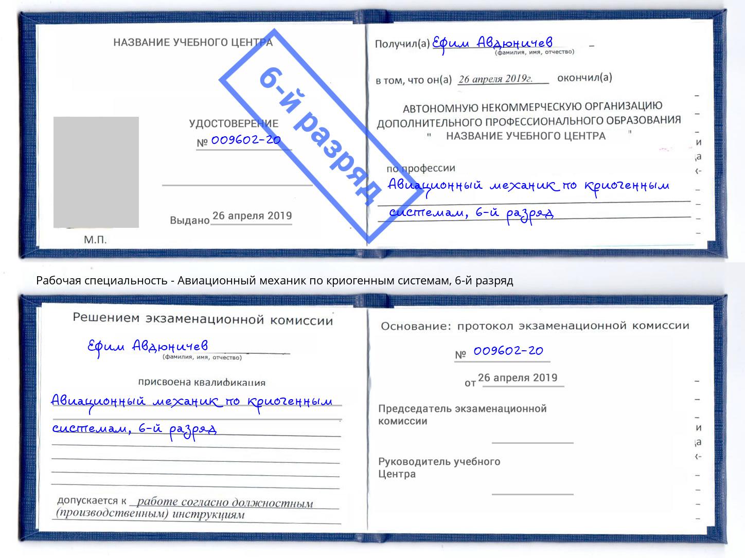 корочка 6-й разряд Авиационный механик по криогенным системам Краснодар