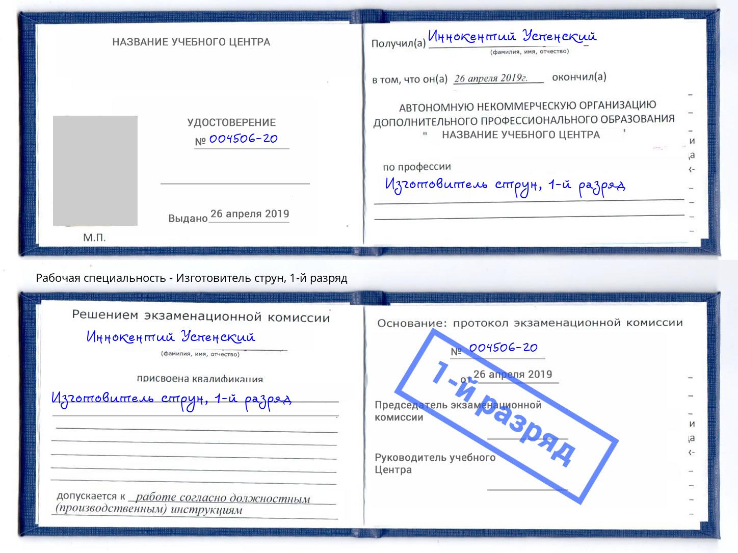 корочка 1-й разряд Изготовитель струн Краснодар